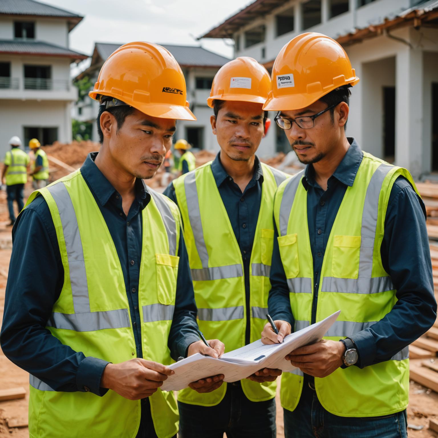 Hexapod Roofing crew reviewing project plans on site in Petaling Jaya