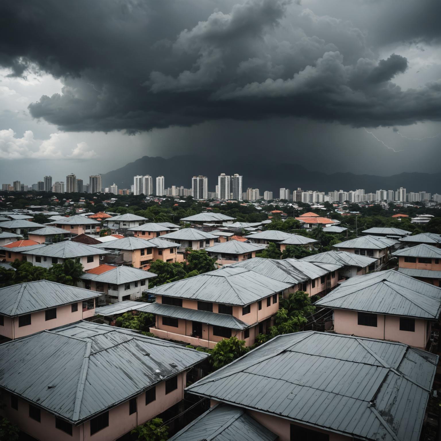 Storm clouds gathering over a Malaysian residential rooftop