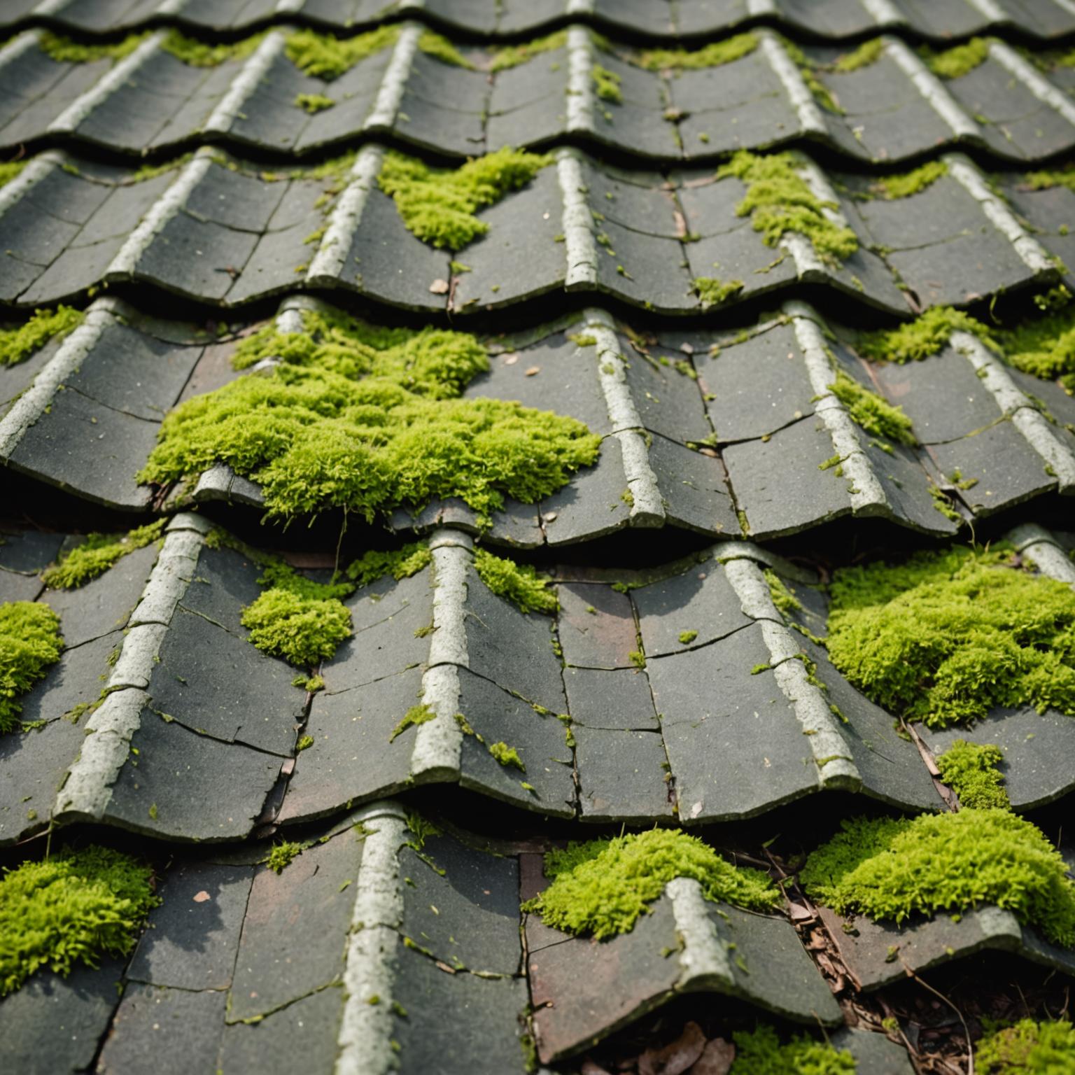 Close-up of damaged roof tiles showing wear patterns