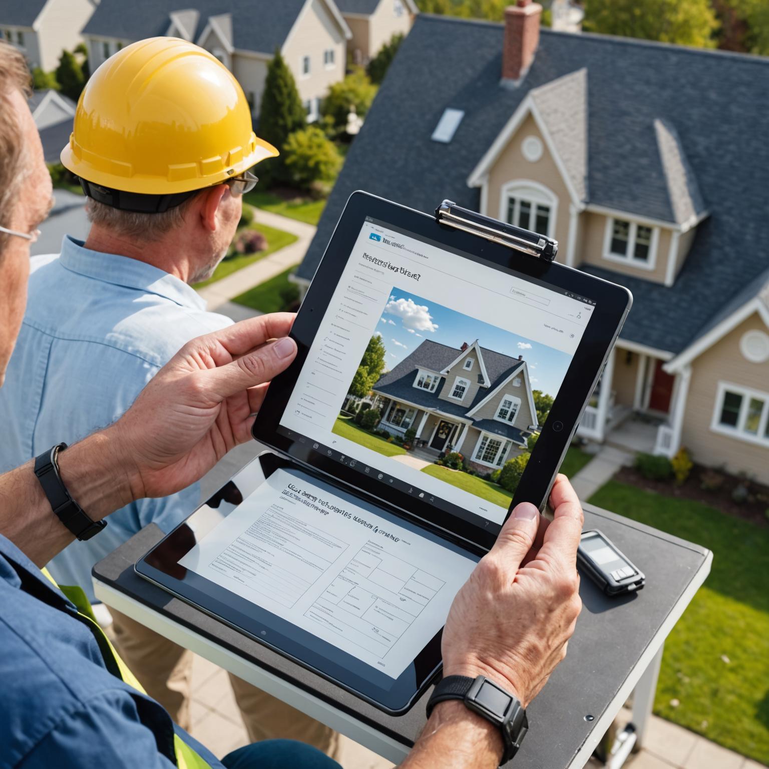 Inspector documenting roof condition with tablet