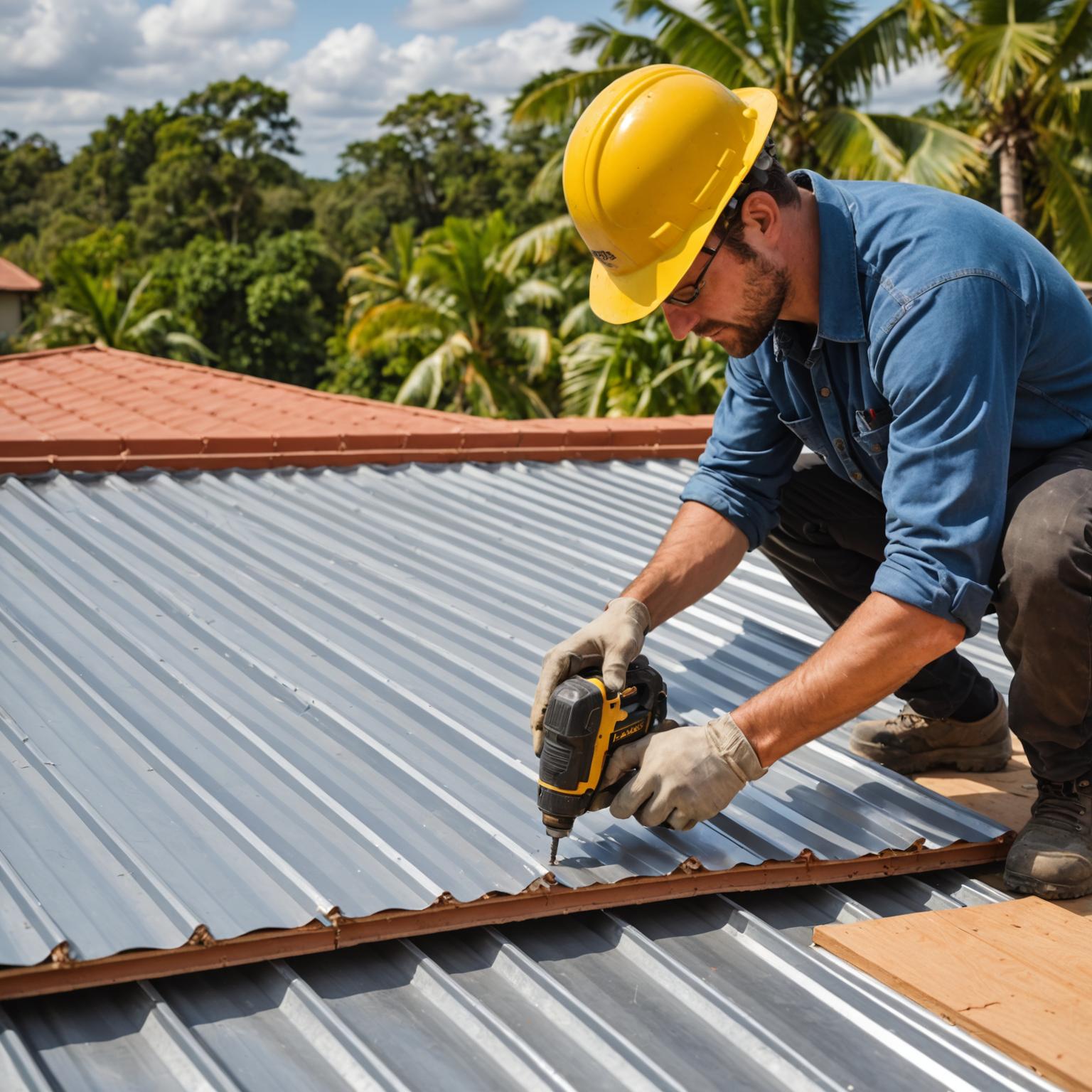 Roofers installing new metal sheets on a Malaysian residential property