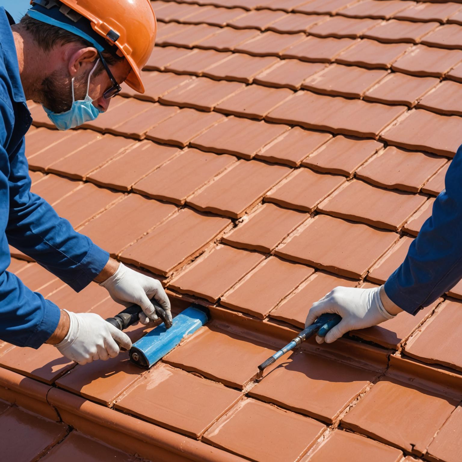 Hexapod crew applying high-build colour membrane coating during a roof restoration