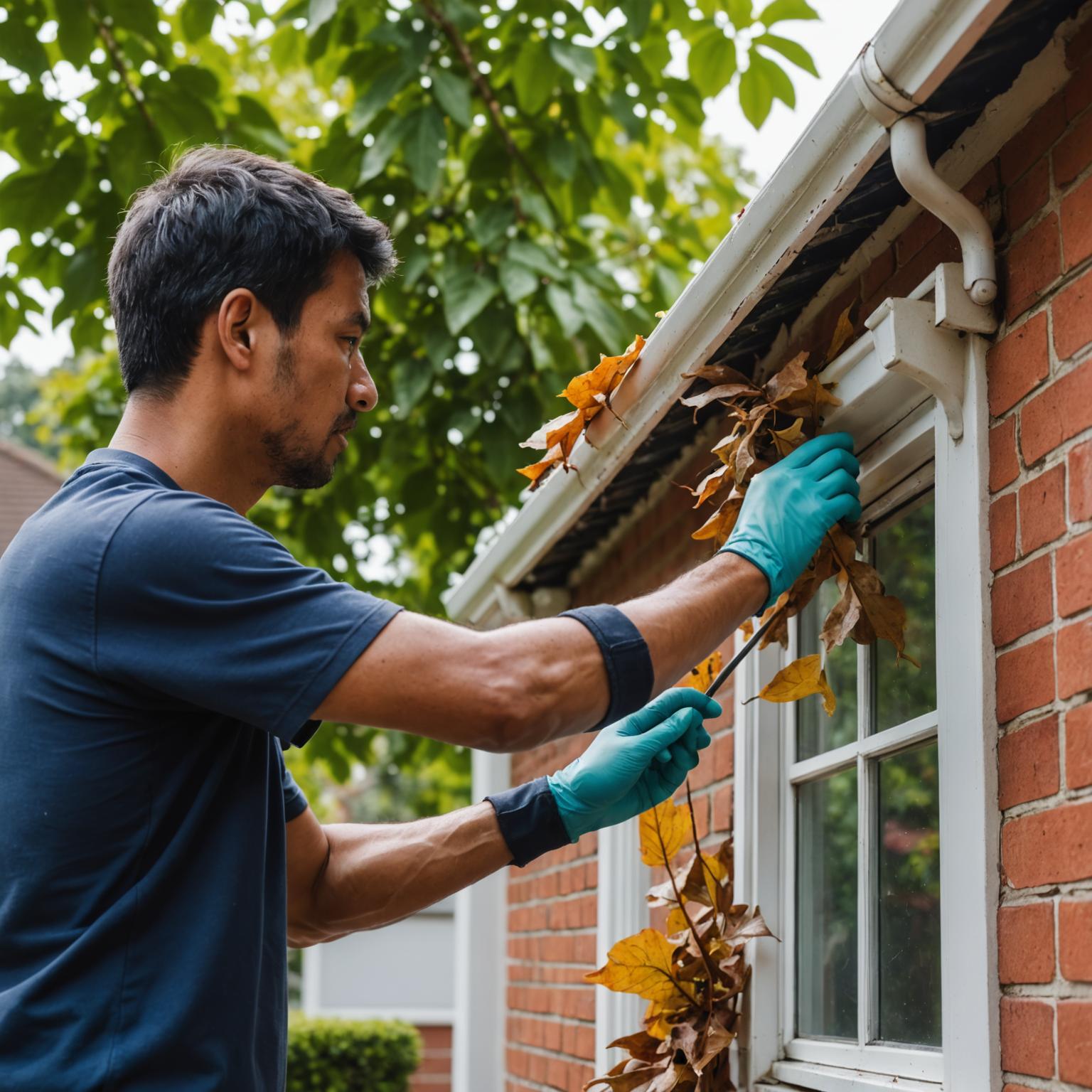 Worker clearing debris from rain gutter