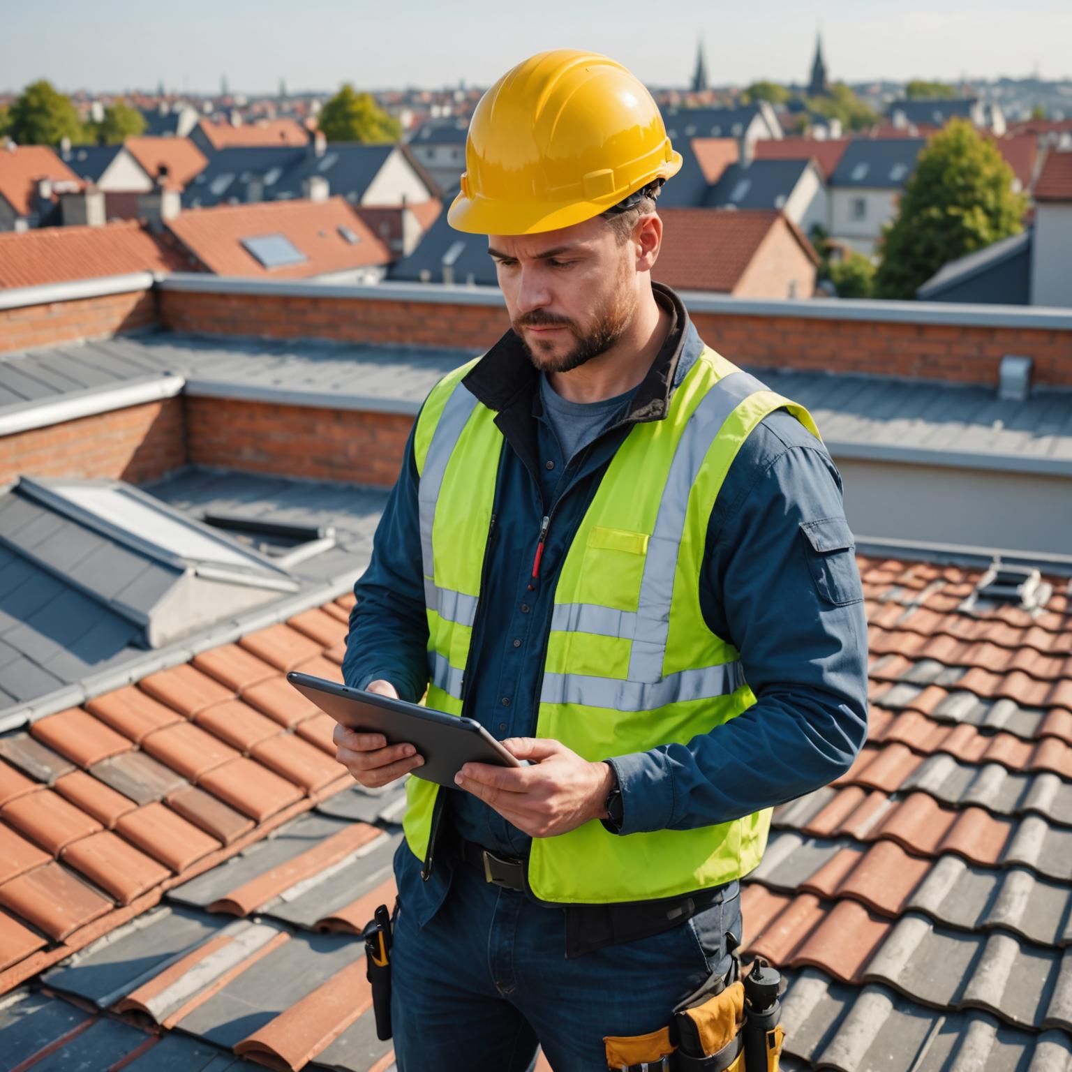 Roof inspector assessing tiles with a digital tablet