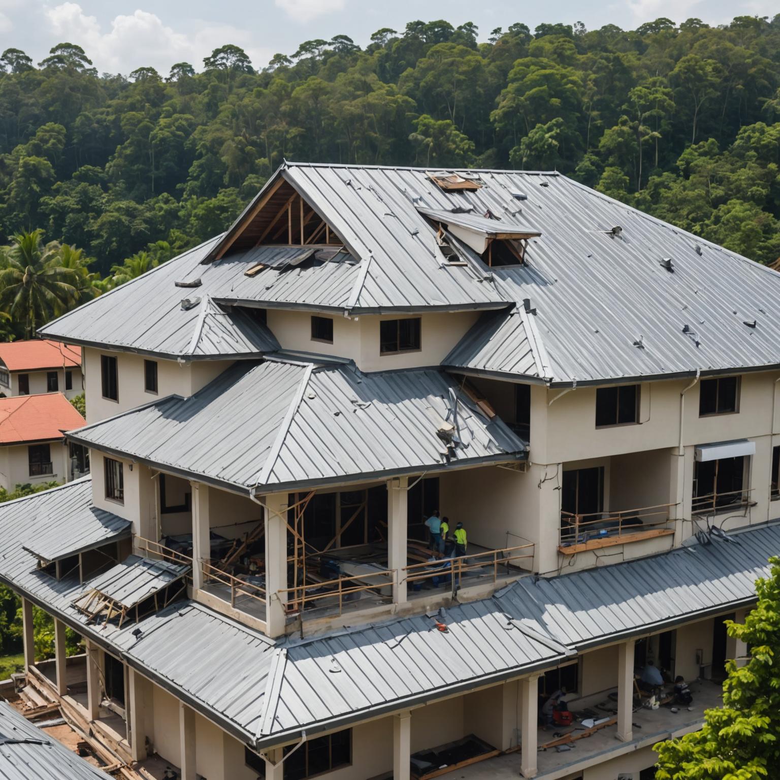 Full roof replacement in progress on a Malaysian residence